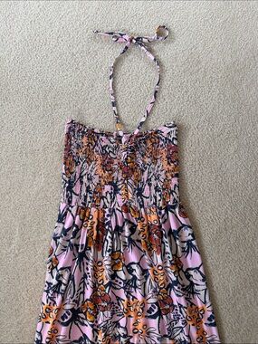 Maaji Pink Floral Midi Dress with Orange and Navy Accents